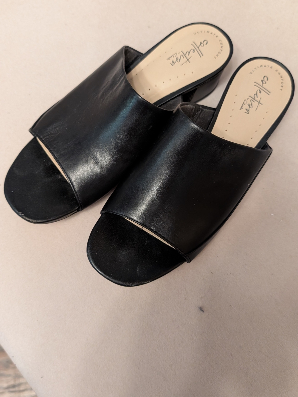 Clarks Black Leather Open-Toe Slide Mules